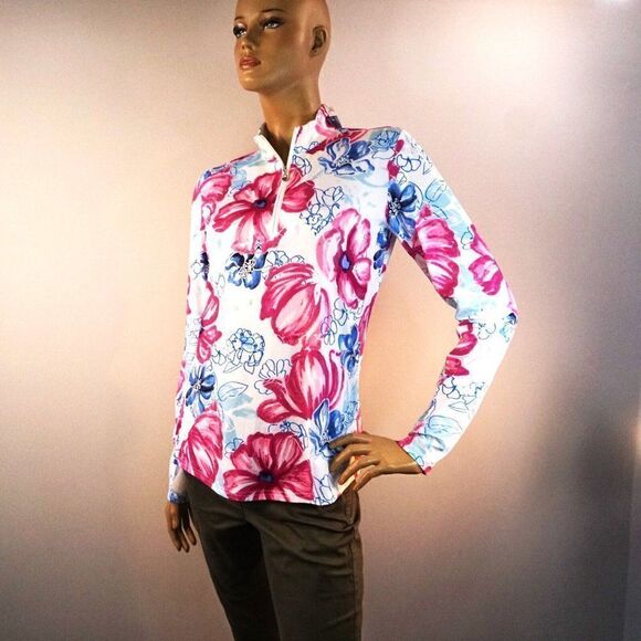 SanSoleil SolCool Print Polo Sunshirt Garden Party Long Sleeve Zip Front Sz M - Picture 4 of 11